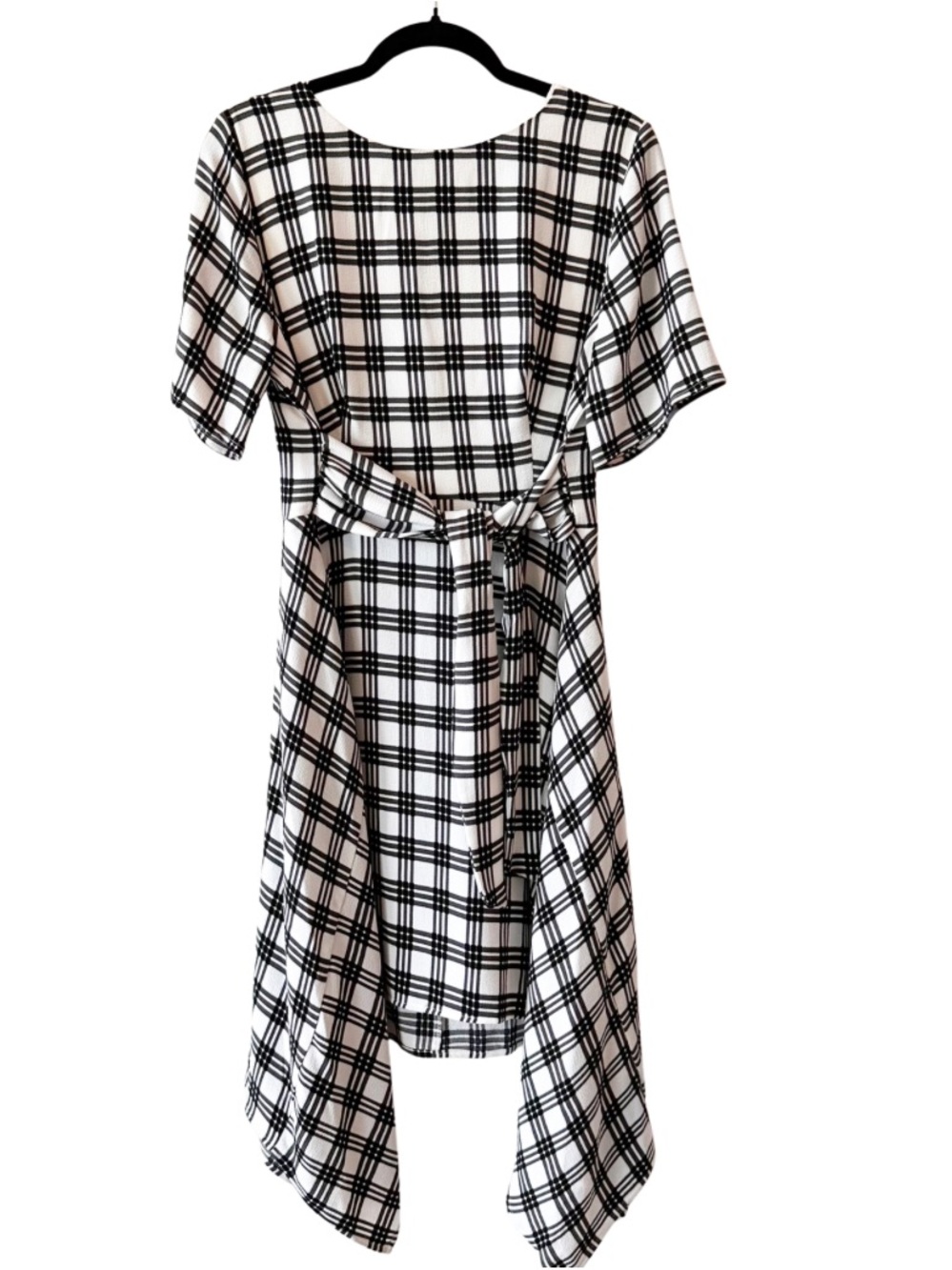 ELLE Black White Windowpane Plaid Handkerchief Hem Midi Stretch Dress Size Large
